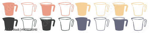 Minimalist measuring cup vector icons, set of 16 kitchen pitcher silhouettes and outlines, pastel and neutral colored baking tools for culinary design