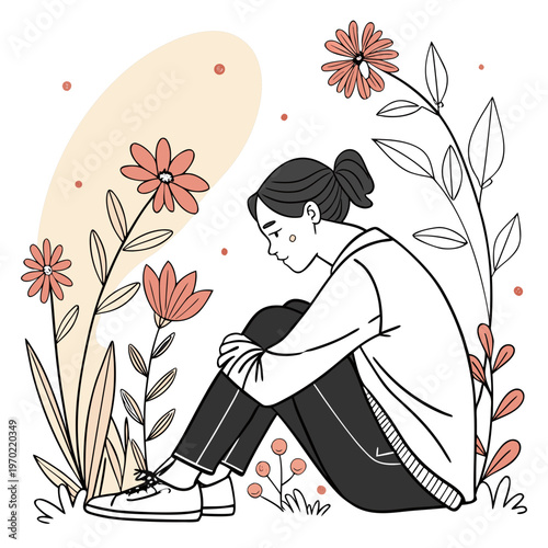 A contemplative young woman sits with her knees drawn up surrounded by delicate floral illustrations in a minimalist style