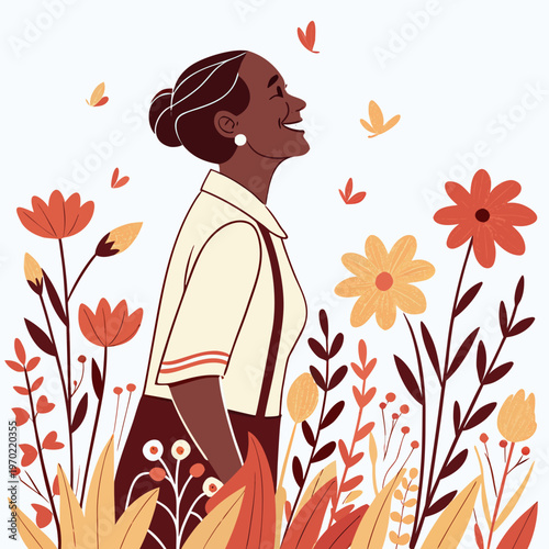 Foto A joyful woman with a serene expression stands amidst vibrant flowers and fallin