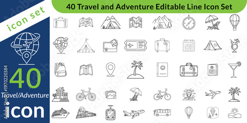 Travel and adventure editable line icon set. journey and vacation vector illustration concept.