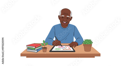 An elderly man with a white beard and blue shirt is smiling while drawing abstract shapes on a digital tablet with a stylus at a wooden desk.