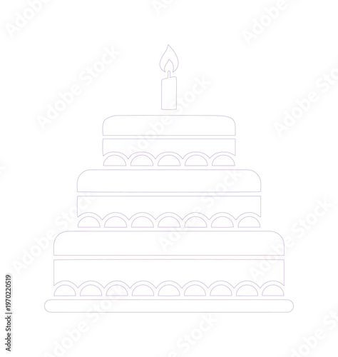 Minimalist birthday cake line icon, three tiered wedding cake vector illustration, simple white outline celebration dessert with lit candle