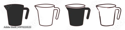 Minimalist measuring cup vector set, black and white kitchen pitcher icons, plastic water jug silhouettes for cooking and baking recipes