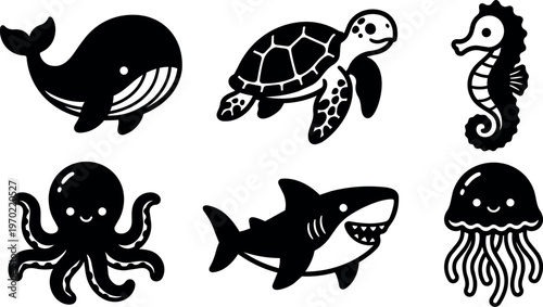 Cute black and white sea animals vector art including whale turtle shark and octopus