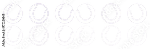 Minimalist tennis ball icons set, collection of 12 white line art tennis balls, simple sports equipment vector illustrations for web design