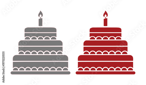 Minimalist birthday cake vector icons, three tiered celebration cake with lit candle, red and grey flat dessert silhouettes for party invitations