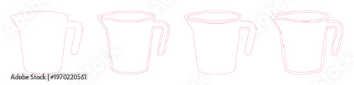 Minimalist measuring jug vector set, pink outline kitchen pitcher icons, 4 hand drawn plastic water jug illustrations for cooking and baking