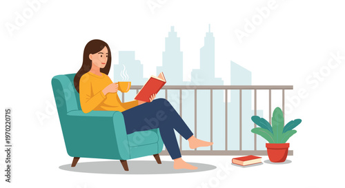 A woman in a yellow sweater and blue jeans sits in a teal armchair, reading a red book and holding a yellow coffee cup, on a balcony with a railing and a potted plant.