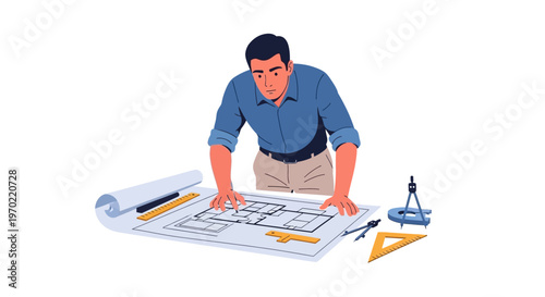 Man working on blueprint plans.