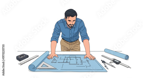 Man working on blueprint with tools.