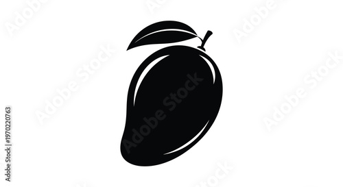 A striking black silhouette depicts a ripe mango with a leafy stem showcasing its classic form silhouette