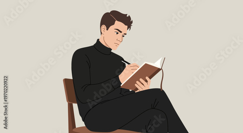 Man Reading Book Sitting Down.