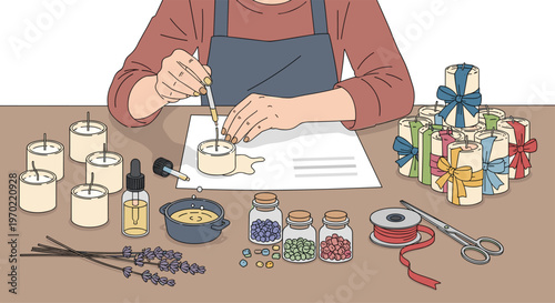 A person's hands are shown carefully dripping liquid from a dropper into a small candle, surrounded by crafting supplies like beads, lavender, and ribbons on a light brown table.
