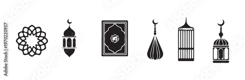 Islamic geometric pattern simple dome lantern and quran book icons for holiday