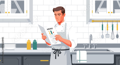 Man reading newspaper in kitchen.