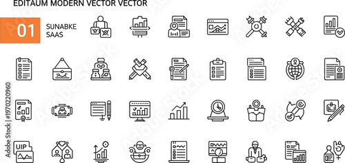 SaaS system maintenance and platform tools line icon set featuring configuration monitoring repair management and technical support
