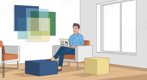 Man sitting on chair with laptop.