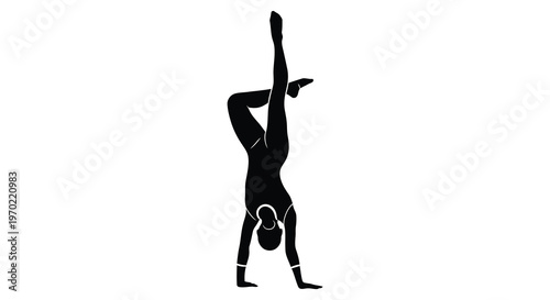 A dynamic black silhouette depicts a woman performing a challenging handstand pose showcasing strength and flexibility silhouette