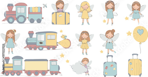 Travel illustrations of people with luggage and trains in a whimsical style