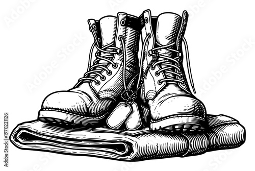 Pair of military combat boots with metal dog tags resting on a folded uniform in vintage woodcut style