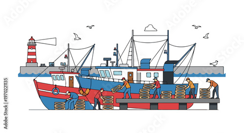 A flat vector illustration of fishing boats docking at a harbor with fishermen unloading fish crates, featuring simple shapes, a coastal industry concept, and a white background.