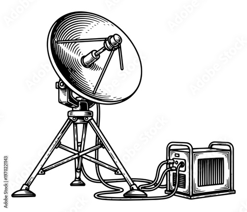 Vintage woodcut style satellite dish on tripod connected to power unit equipment
