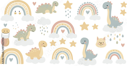 Colorful cartoon dinosaurs and rainbow illustrations for kids