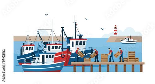 A flat vector artwork depicting fishing boats at a dock while fishermen carry and unload fish crates, designed with simple shapes, a coastal industry concept, and a clean white background.