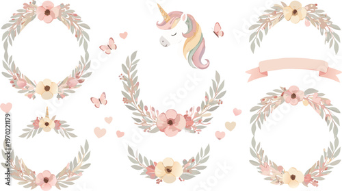 Watercolor floral wreaths and unicorn decorations for party invitations and cards