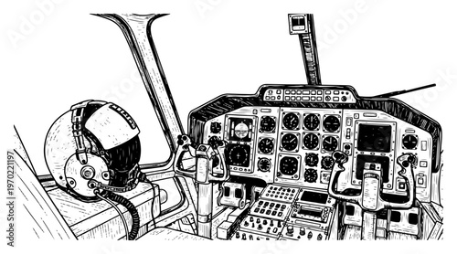 Detailed hand drawn illustration of a helicopter cockpit interior with flight helmet