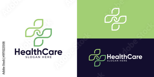 Creative simple health care logo template. Abstract cross plus with leaf logo design vector illustration.