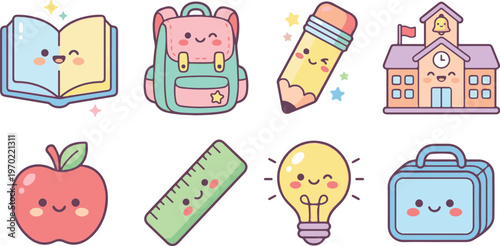 Cute school supplies and building icons in a colorful cartoon style