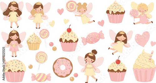 Cartoon illustration of little girls cupcakes and candy in pastel colors for kids