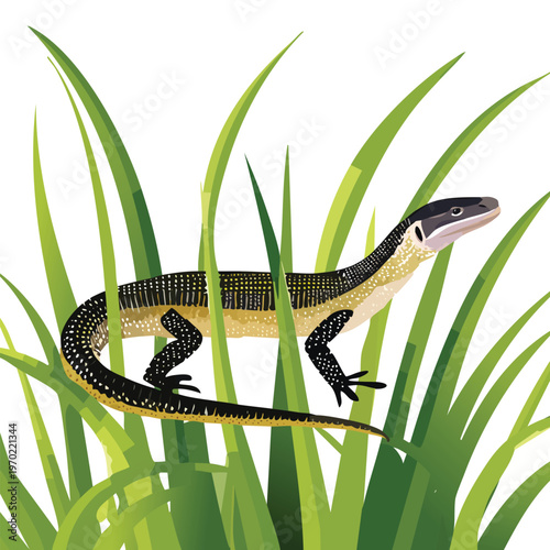 Colorful lizard in green grass illustration isolated on white background