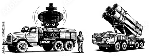 Mobile radar truck and missile launcher system in vintage woodcut illustration style