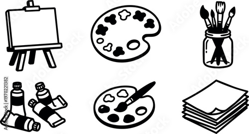 Black and white line art painting supplies with easel palette brushes and paper stack