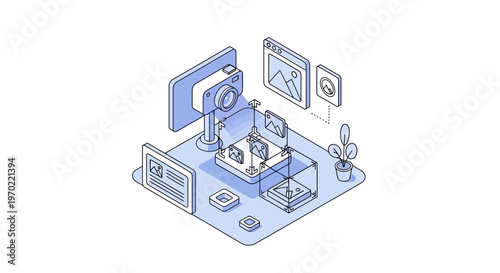 Isometric Photography and Digital Asset Management Workflow Illustration for Photo Editing Software and Design Platforms