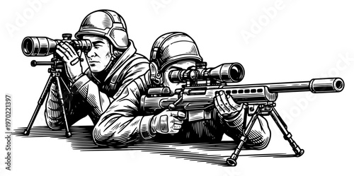 Military sniper team with spotter and long range rifle in detailed hand drawn engraving style