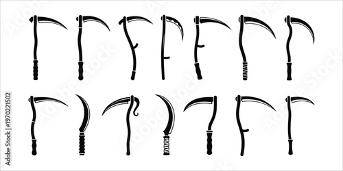 Set of grim reaper scythe and sickle silhouette icons for halloween or horror design projects