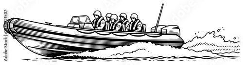 Military rigid inflatable boat RIB with soldiers patrolling on water