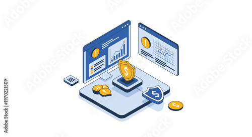 Isometric Financial Data Security and Risk Management Dashboard Illustration