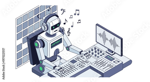 Isometric AI Robot Sound Engineer Creating Music with Mixing Console and Headphones, Artificial Intelligence Music Production Concept