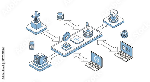 Isometric Digital Ecosystem Concept with Cloud Computing, Blockchain, and Fintech Network Illustration