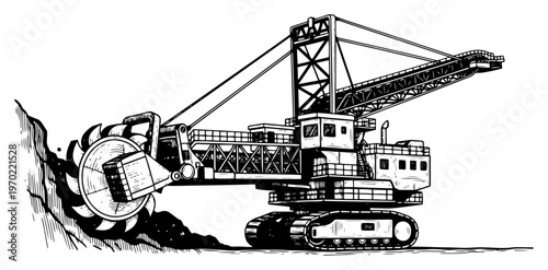 Large industrial bucket wheel excavator mining machine in woodcut illustration style
