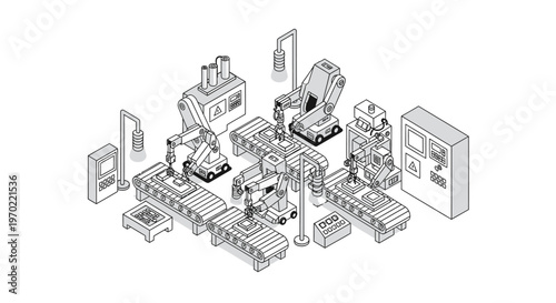 Isometric Automated Factory Production Line Illustration, Robotic Arms and Conveyor Belts in Industrial Manufacturing Process, Minimalist Line Art Design