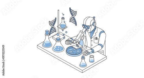 Isometric Robotic Scientist conducting Laboratory Research with Microscope and DNA Helix