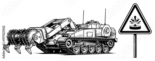 Heavy military mine clearing vehicle with rotary flail and warning sign