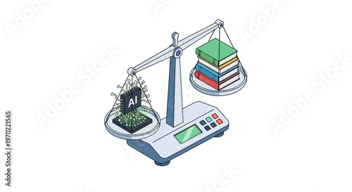 Isometric Illustration of a Scale Balancing an AI Microchip and a Stack of Books, Representing Artificial Intelligence versus Human Knowledge and Education