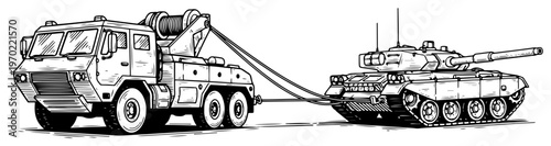 Military recovery truck towing a damaged battle tank on a cable