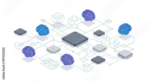 Isometric Artificial Intelligence Neural Network Concept with Human Brains and Microchips Connected on a Digital Circuitry Board for Machine Learning and Computing Technology
